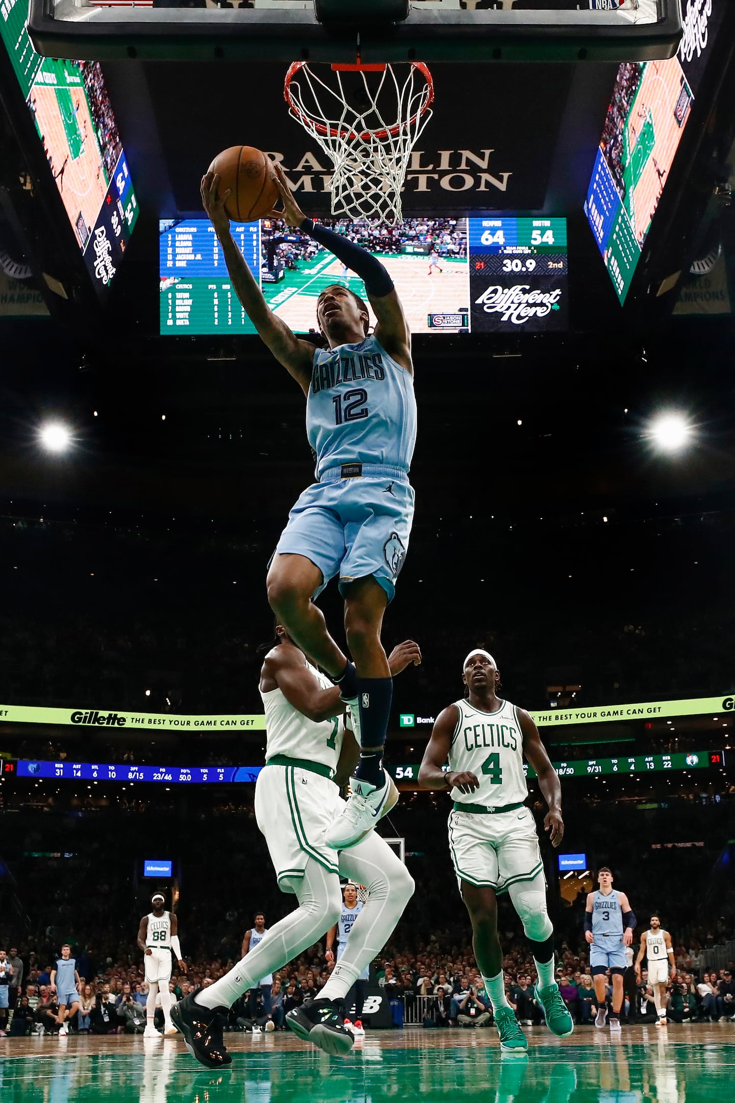 Ja Morant of the Grizzlies is better known for his ability to drive to the basket, but he made four 3-pointers against the Celtics on Saturday night.